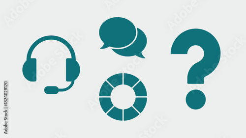 Illustration of headset, speech bubbles, life preserver, and question mark on a light gray background