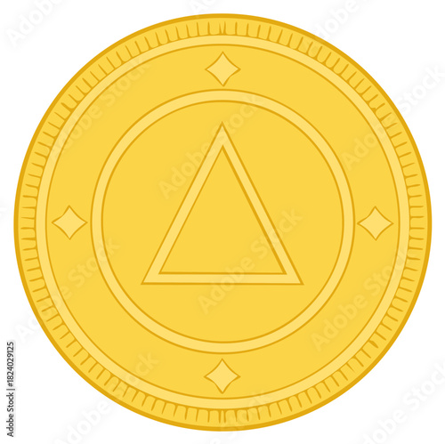 Golden coin with triangle symbol and diamond shapes simple illustration