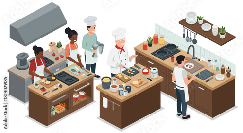 Isometric kitchen scene with chefs preparing gourmet dishes in modern culinary setting