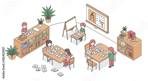 Isometric classroom with children learning alphabet in fun environment