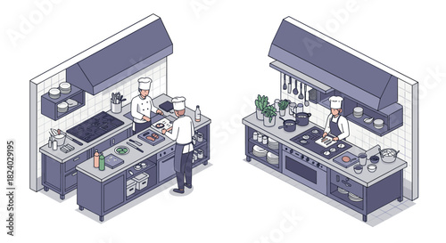 Modern isometric kitchen scene with chefs preparing dishes in professional setting