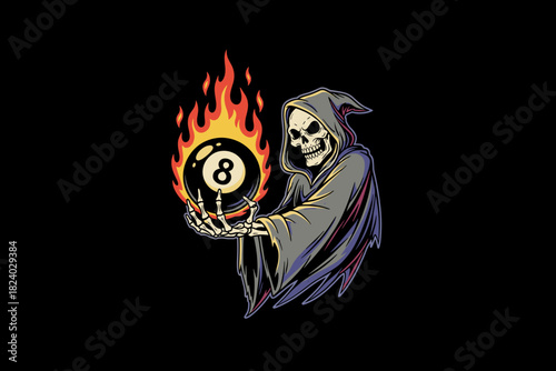Grim Reaper Holding a Flaming Eight Ball.
