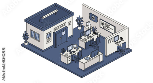 Isometric police station interior with desks and technology in monochrome blue shades