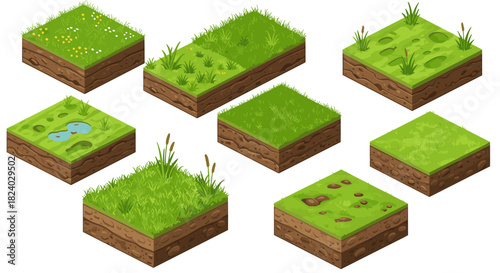 Isometric grass blocks with various plant and soil textures for game design
