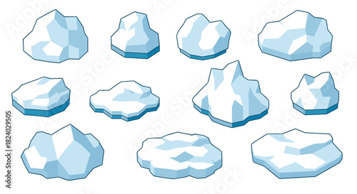 Cartoon iceberg set: collection of floating iceberg and glacier elements