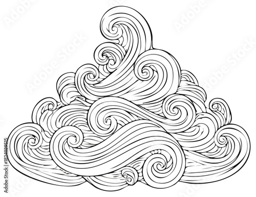 Abstract Sea Waves Drawing Swirls and Curls Pattern, Decorative Graphic Element