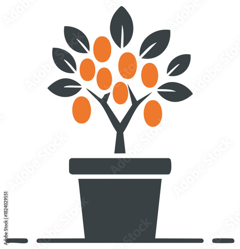 Stylized orange tree in a pot icon with gray leaves and bright fruits on a neutral background, symbolizing growth and freshness