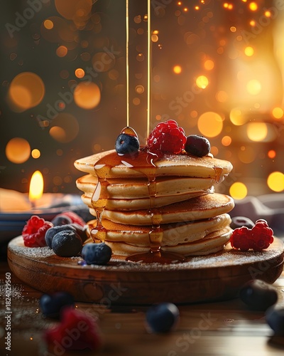 delightful pancake bliss: golden honey-dripping stacked pancakes with flying berries, perfect for a cozy kitchen poster to brighten up your morning routine!