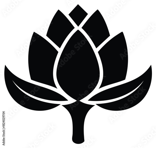 Black silhouette of a botanical hop cone with leaves and stem