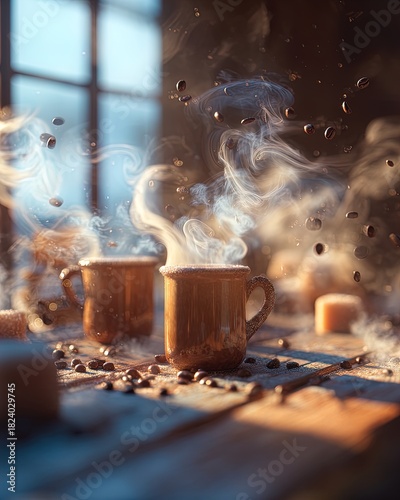 cozy morning coffee scene: aromatic mugs, floating beans, and warm light perfect for a rustic café poster or winter home décor
