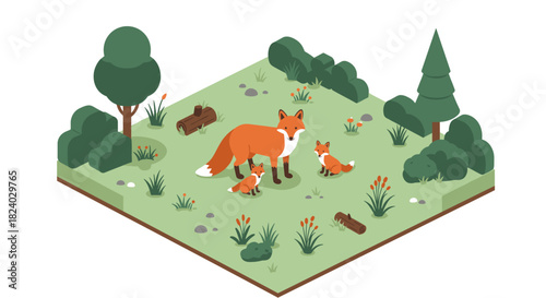 Isometric forest scene with foxes and lush greenery in a wildlife habitat