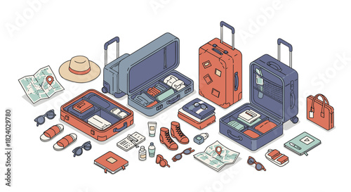 Travel essentials in isometric style: luggage and accessories for a perfect journey