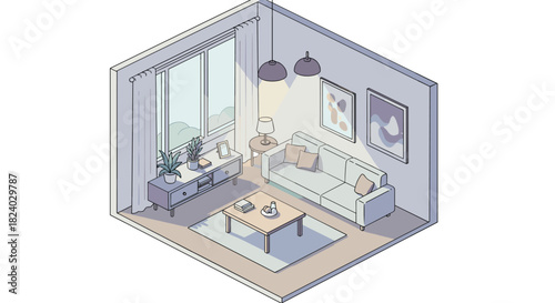 Cozy isometric living room scene with modern furniture and soft pastels