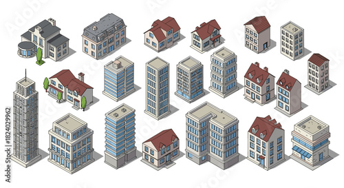 Diverse isometric city buildings set with urban architecture elements for design projects