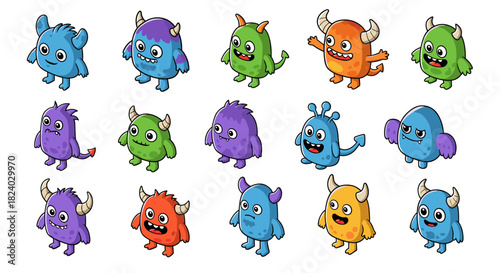 Colorful cartoon monsters collection with happy expressions and unique features