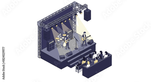 Isometric band performance on stage with audience in modern music concert