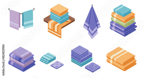Isometric towel sets and arrangements in various colors and styles