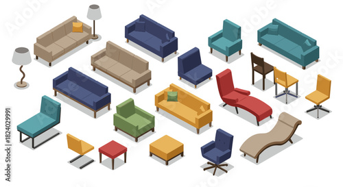 Isometric set of modern furniture: sofas, chairs, and tables in various colors