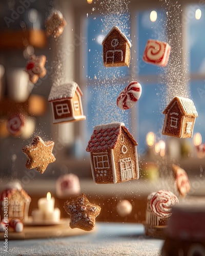 charming christmas kitchen decor: enchanting floating gingerbread houses and festive candy canes for a cozy holiday poster