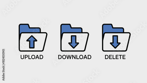 Three folder icons displaying upload download and delete actions on a light gray background design element