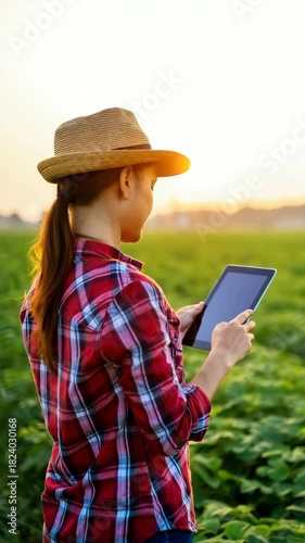 Farmer woman in straw hat with tablet in green field at sunset, agricultural technology crop monitoring, precision farming data collection, rural digital connectivity, field inspection tablet