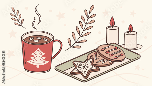 Watercolor Christmas poster with hot chocolate mug, gingerbread cookies, and candles, cozy winter vibe, soft tones, white background