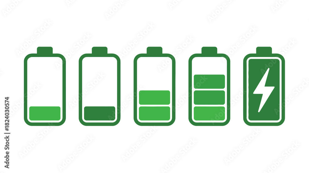 Fototapeta premium Five green battery icons showing different charge levels from low to full with a lightning bolt icon