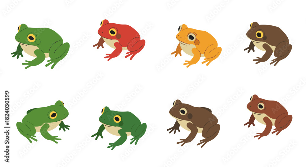 Naklejka premium Colorful frog collection: green, red, orange, brown amphibians in flat design