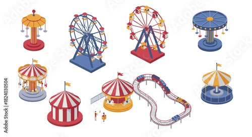 Colorful isometric amusement park rides collection featuring ferris wheels and carousels