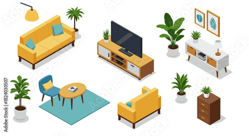 Isometric modern living room furniture with indoor plants and decor elements