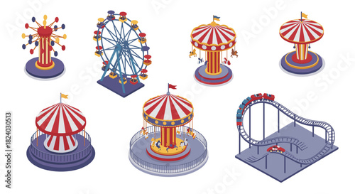 Exciting carnival rides collection: ferris wheel, carousel, roller coaster in isometric style