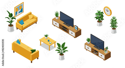 Modern isometric living room with yellow sofa and home decor elements