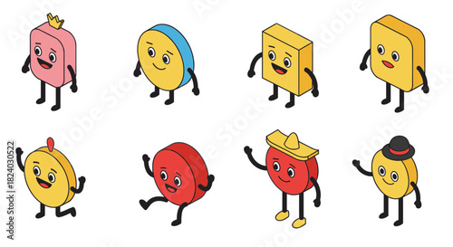 Playful isometric cartoon characters with geometric shapes in colorful hats