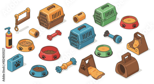 Isometric pet accessories: transport carriers, bowls, toys and grooming tools