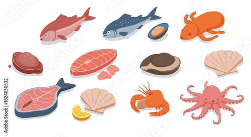 Variety of seafood in isometric style