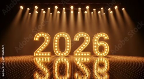 Illuminated 2026 new year celebration with stage lights and reflections