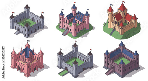 Collection of isometric medieval castles with colorful towers and flags