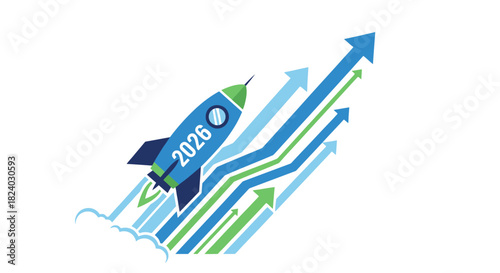 Projected growth in 2026 with a dynamic rocket launch and upward trending arrows