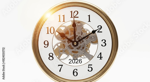 Stylish 2026 clock ticking towards the future with bright golden sunlit glow