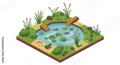 Isometric pond with frogs, fish, and water lilies in a natural habitat scene