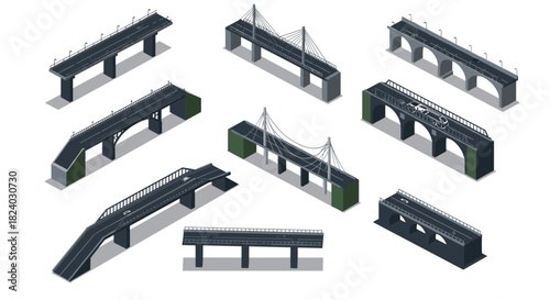 Variety of bridges in isometric style featuring arched and cable-stayed designs