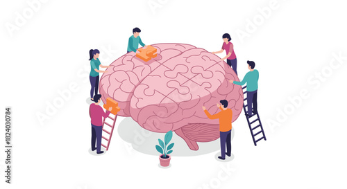 Teamwork concept with people completing a brain puzzle in isometric style