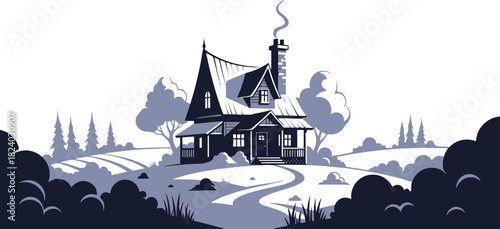 Stylized spooky haunted house vector with crooked roof, windows, and eerie atmosphere, perfect for Halloween themes.