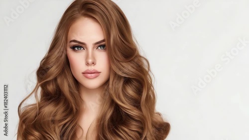 pretty Caucasian girl with brunette hair light make up standing with plain white background 