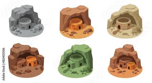 Isometric cave dwellings set with varied rock formations and color schemes
