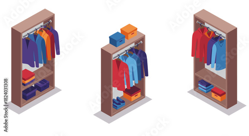 Isometric wardrobe designs with colorful clothing on racks and shelves