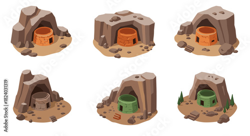 Ancient cave dwellings: diverse designs with vibrant doors in rocky landscapes