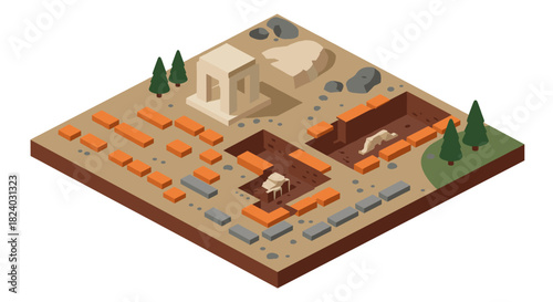 Isometric ancient ruins and archaeological excavation dig site