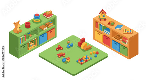 Colorful isometric children's playroom with shelves and toys