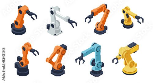 Isometric robotic arms in various colors: industrial technology and automation design